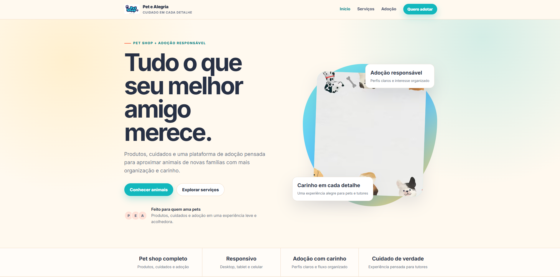 Pet e Alegria — plataforma de petshop e adoção